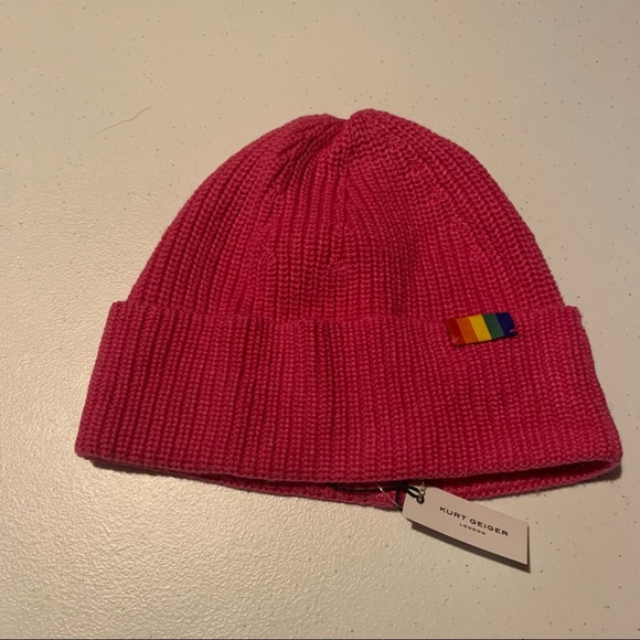 Kurt Geiger Accessories - NEW Kurt Geiger We Are One Beanie‎ Hat Pink Ribbed Knit Rainbow Patch 5189